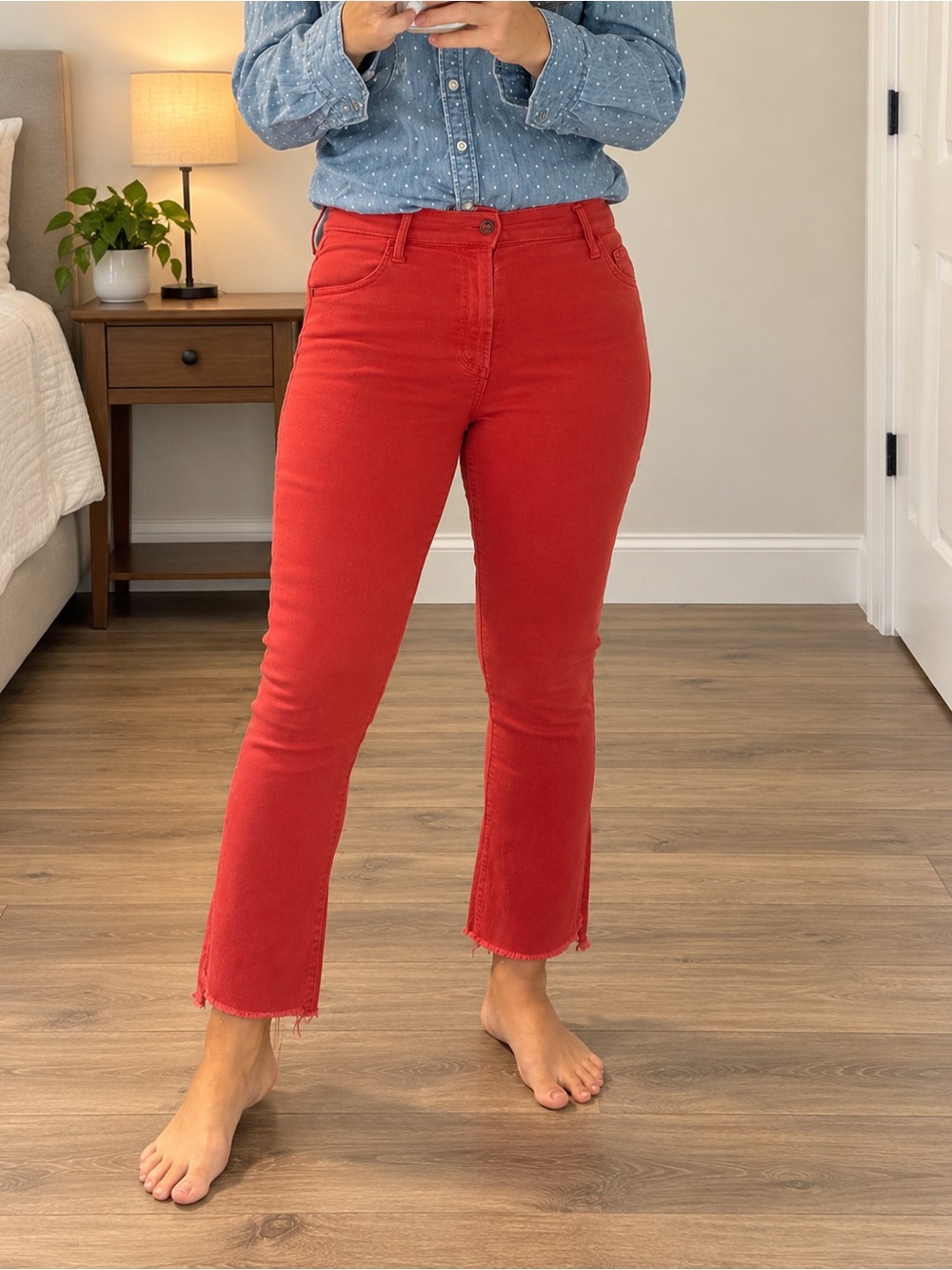 MOTHER The Insider Crop Step Fray Jeans 28 Hot Rod Red Kick Flare